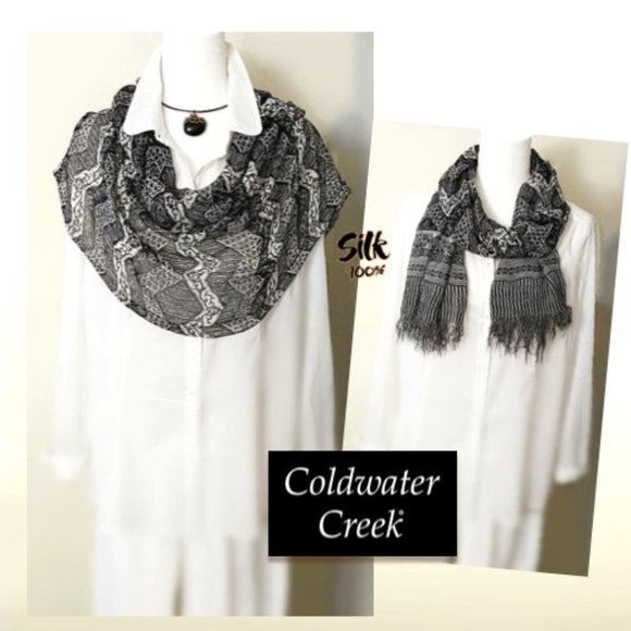 COLDWATER CREEK 100% Pure Silk Rect. Scarf Black White Grey Geo Floral Unisex - Picture 3 of 12